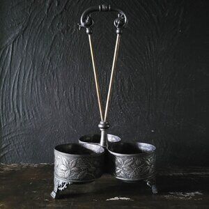 Antique Meriden Quadruple Plate #332 Condiment Bottle Holder Bird & Fruit Design